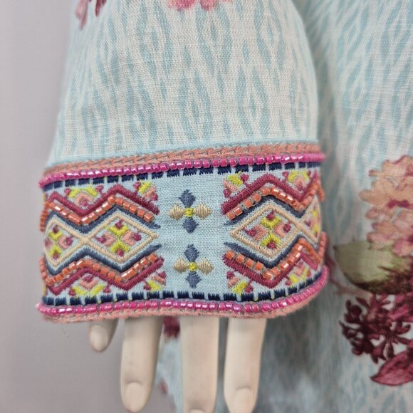 John Mark Women's Size S Floral Print Embroidered and Beaded Tunic Blue Pink (53 - Picture 6 of 13